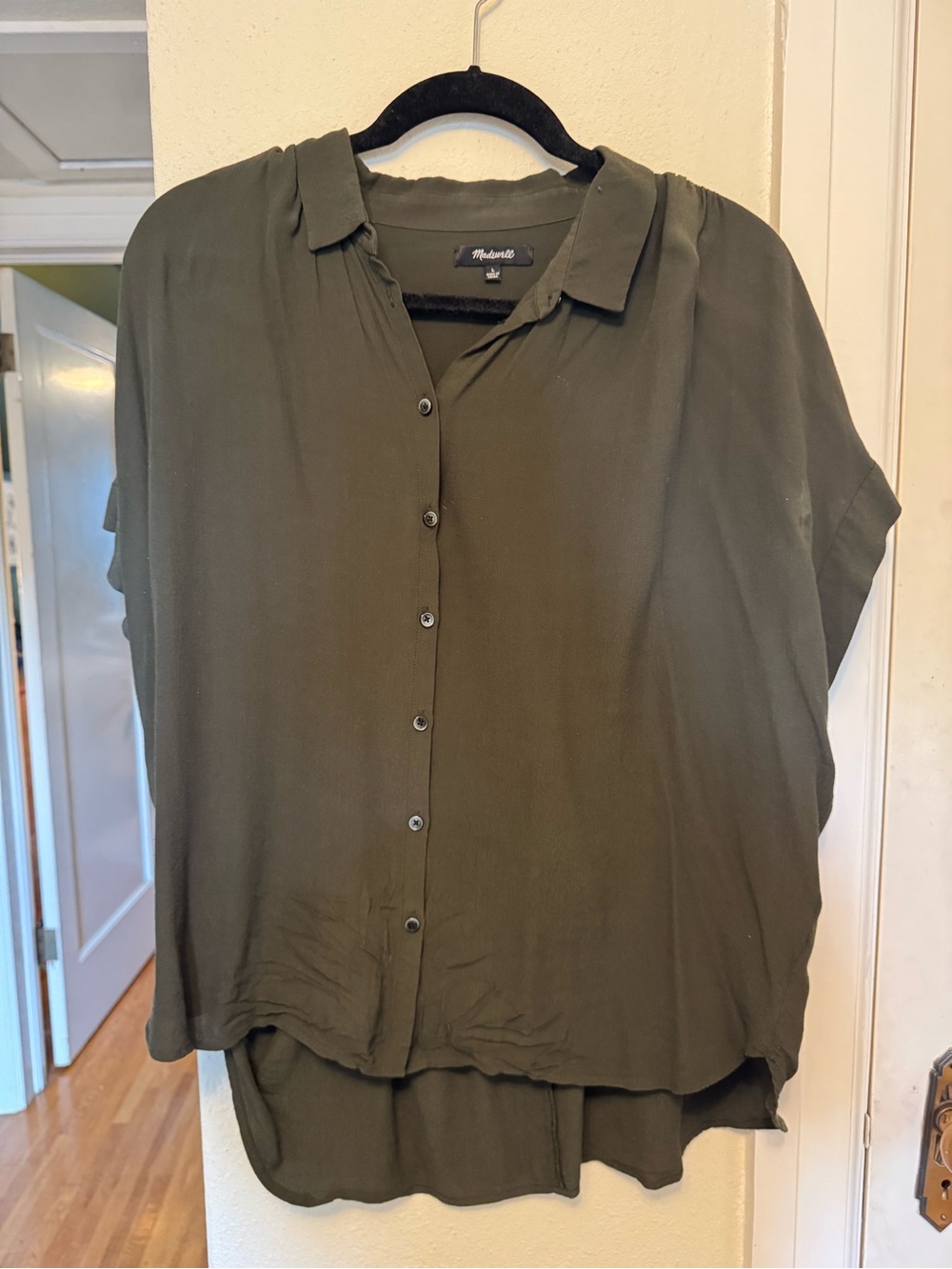 Madewell Olive Green Button-Down Drapey Short Sleeve Blouse